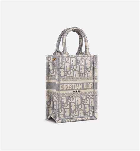 Mini Vertical Dior Book Tote with Strap Gray Dior Oblique 